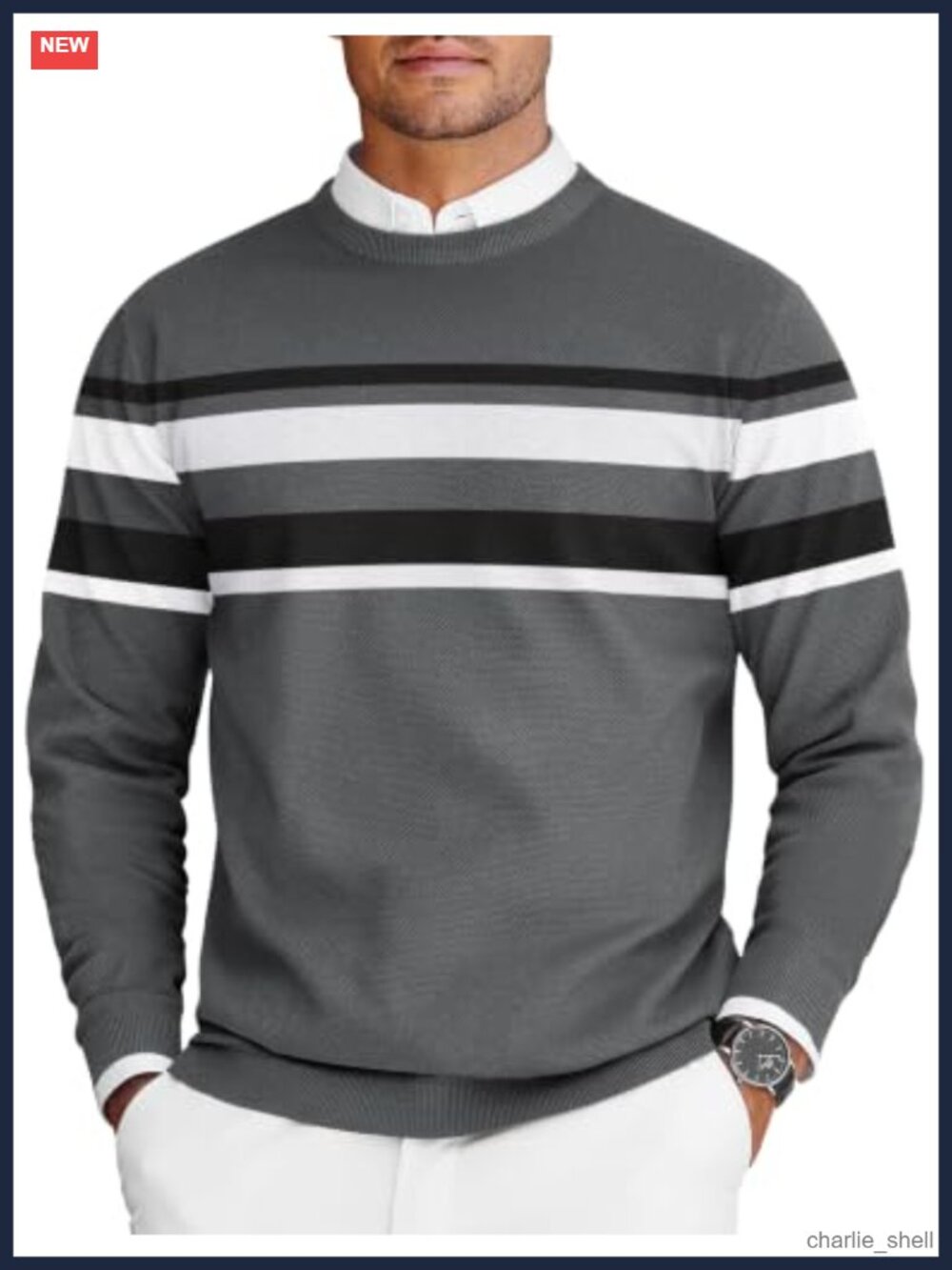 Men's Crew Neck Pullover Sweater Slim Fit Striped Lightweight Polyester